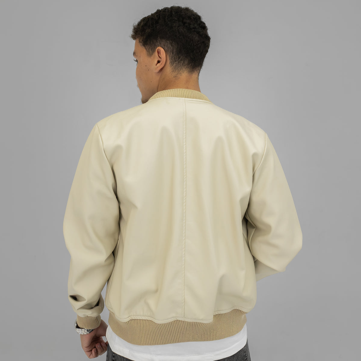 Beige Baseball Leather Jacket