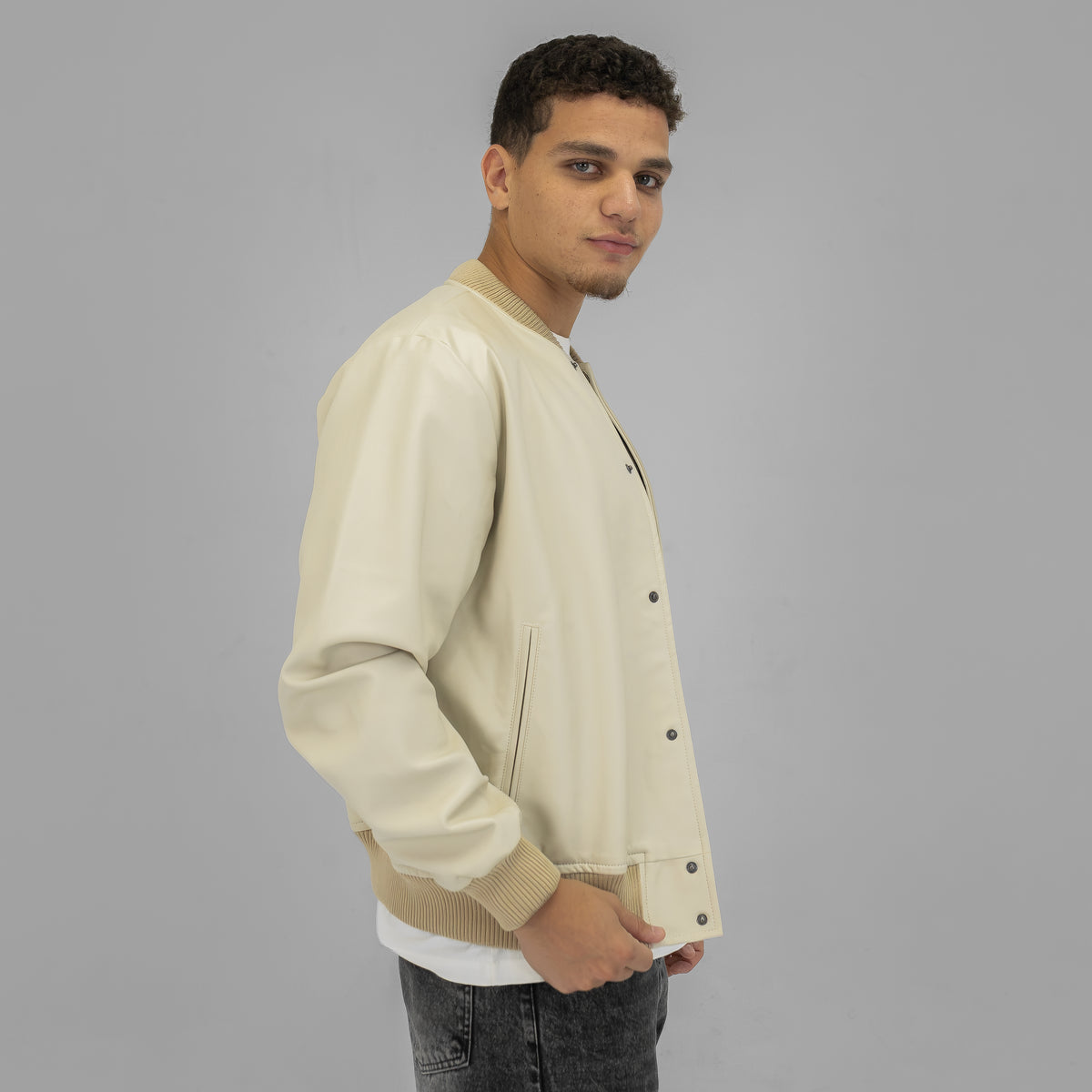 Beige Baseball Leather Jacket