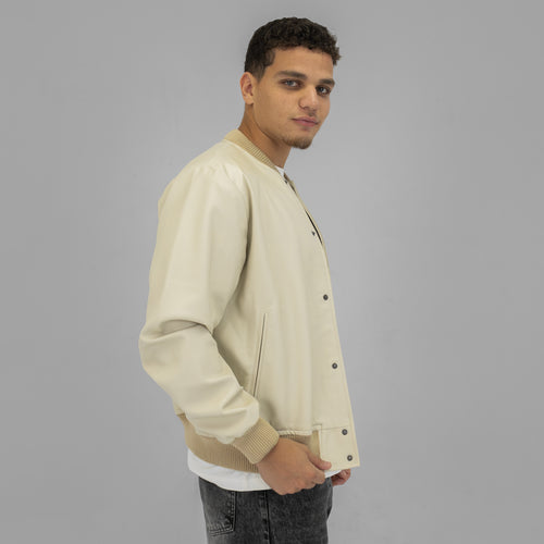 Beige Baseball Leather Jacket