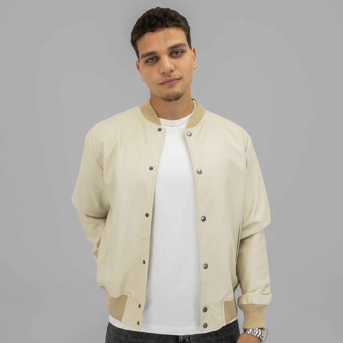 Beige Baseball Leather Jacket
